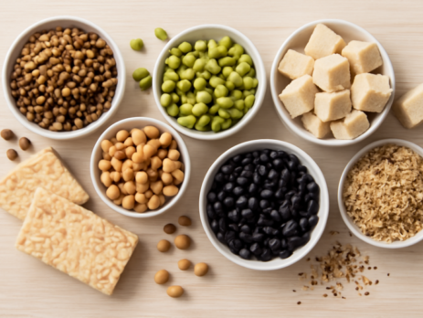 Diverse plantaardige proteïne bronnen zoals tofu, linzen, edamame en kikkererwten op een houten tafel