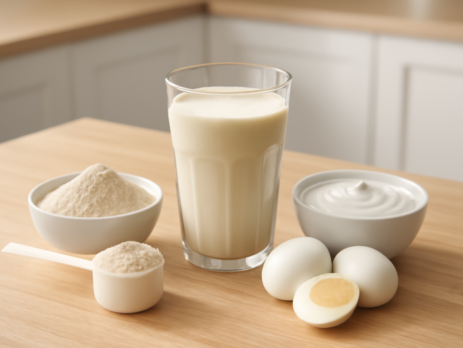 Proteïne shake in een glas naast eiwitrijke voeding op een houten aanrecht