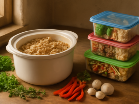 Slowcooker gevuld met malse kip naast meal prep bakjes op een keukentafel