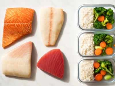 Verse visfilets en meal prep bakjes met rijst en groenten op marmeren ondergrond