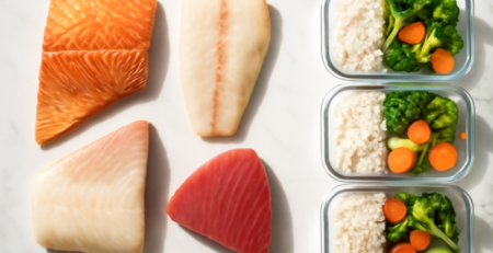 Verse visfilets en meal prep bakjes met rijst en groenten op marmeren ondergrond