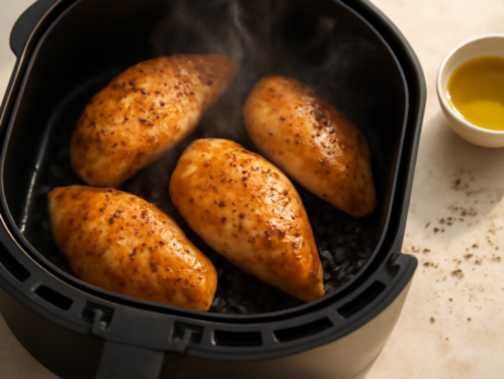 Voorgegaarde kipfilet opwarmen in een airfryer basket, goudbruin en sappig