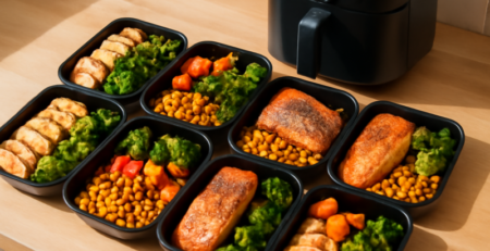 Meal prep bakjes gevuld met airfryer gerechten zoals kip, groenten en zalm