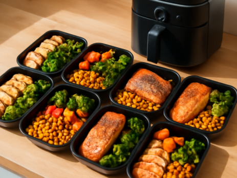 Meal prep bakjes gevuld met airfryer gerechten zoals kip, groenten en zalm