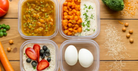 Budgetvriendelijke meal prep bakjes gevuld met linzensoep, curry en havermout