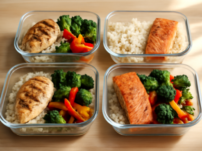 Meal prep bakjes gevuld met koolhydraatarme maaltijden: kip, groenten en zalm