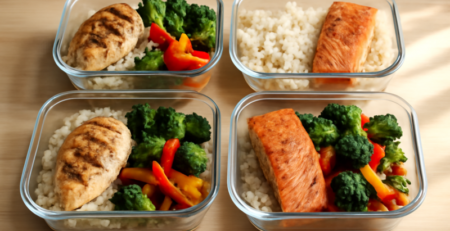 Meal prep bakjes gevuld met koolhydraatarme maaltijden: kip, groenten en zalm