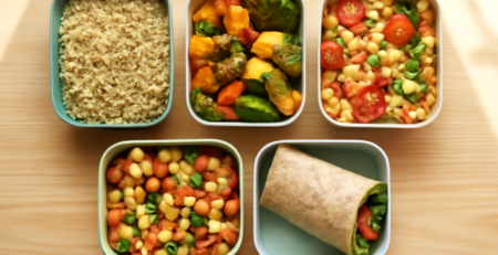 Vijf gevulde meal prep lunchboxen met gezonde ingrediënten op een houten aanrecht