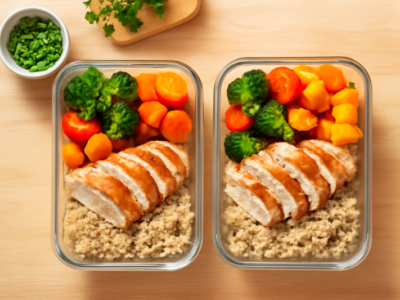 Twee meal prep bakjes met geroosterde groenten, quinoa en kip op een houten aanrecht