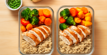 Twee meal prep bakjes met geroosterde groenten, quinoa en kip op een houten aanrecht