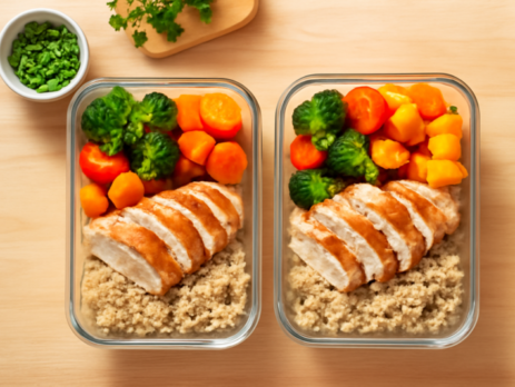 Twee meal prep bakjes met geroosterde groenten, quinoa en kip op een houten aanrecht