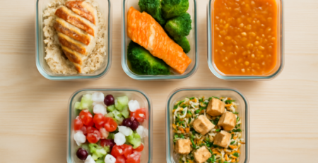Vijf glazen meal prep bakjes met caloriearme maaltijden op een houten werkblad