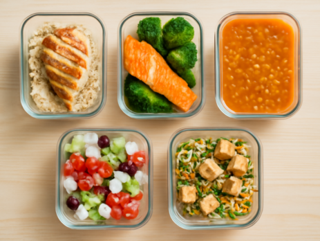 Vijf glazen meal prep bakjes met caloriearme maaltijden op een houten werkblad