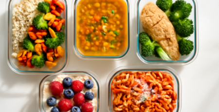 Vijf meal prep bakjes met rijst, soep, kip, oats en pasta op een witte keukentafel