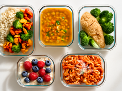 Vijf meal prep bakjes met rijst, soep, kip, oats en pasta op een witte keukentafel