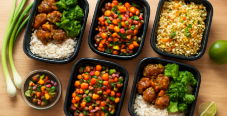 Vijf meal prep bakjes gevuld met verschillende rijstgerechten op een houten tafel
