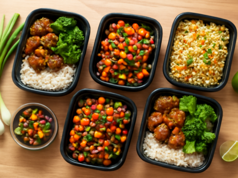 Vijf meal prep bakjes gevuld met verschillende rijstgerechten op een houten tafel