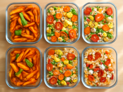 Meal prep bakjes gevuld met verschillende eiwitrijke pastagerechten op een houten tafel