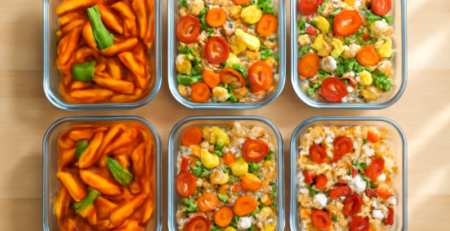 Meal prep bakjes gevuld met verschillende eiwitrijke pastagerechten op een houten tafel
