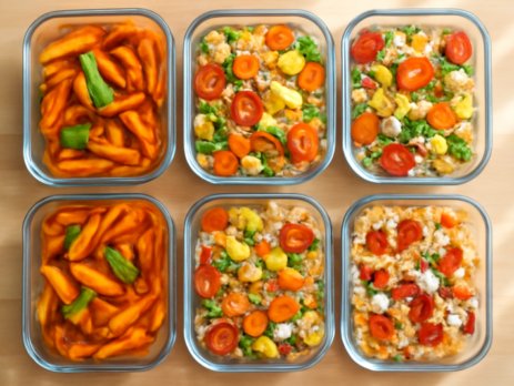 Meal prep bakjes gevuld met verschillende eiwitrijke pastagerechten op een houten tafel