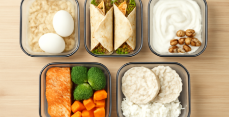 Vijf meal prep bakjes met eiwitrijke maaltijden voor spieropbouw op houten tafel