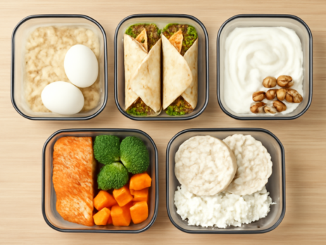 Vijf meal prep bakjes met eiwitrijke maaltijden voor spieropbouw op houten tafel