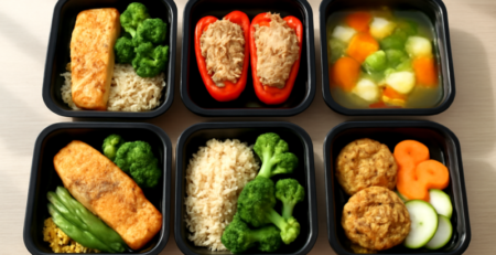Zes meal prep bakjes gevuld met gezonde vismaaltijden zoals zalm en tonijn