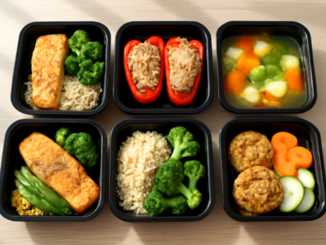 Zes meal prep bakjes gevuld met gezonde vismaaltijden zoals zalm en tonijn
