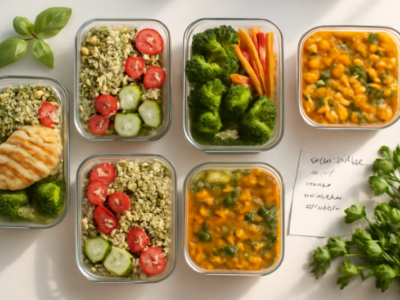 Zeven meal prep bakjes gevuld met gezonde weekmaaltijden op een witte keukentafel