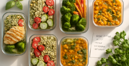 Zeven meal prep bakjes gevuld met gezonde weekmaaltijden op een witte keukentafel