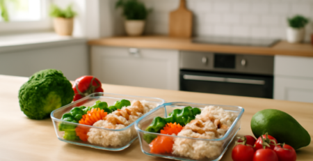Twee meal prep bakjes met gezond eten klaargemaakt voor een koppel in een moderne keuken