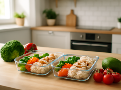 Twee meal prep bakjes met gezond eten klaargemaakt voor een koppel in een moderne keuken