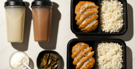Eiwitshakes, creatine en meal prep containers op een witte ondergrond