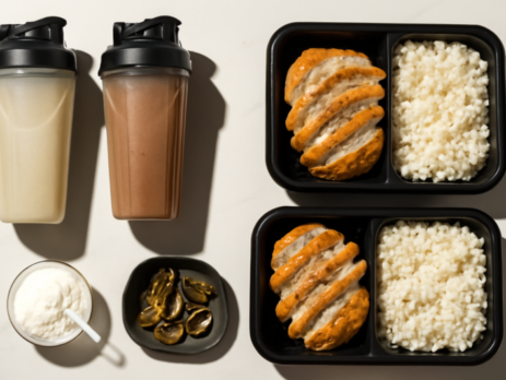 Eiwitshakes, creatine en meal prep containers op een witte ondergrond