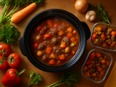 Slowcooker met stoofgerecht omringd door groenten en meal prep bakjes op een houten aanrecht