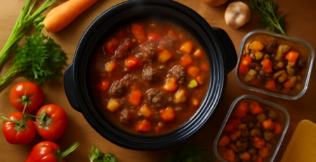 Slowcooker met stoofgerecht omringd door groenten en meal prep bakjes op een houten aanrecht