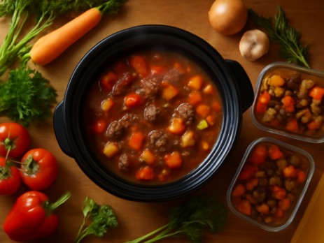 Slowcooker met stoofgerecht omringd door groenten en meal prep bakjes op een houten aanrecht