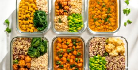 Zeven glazen bakjes gevuld met kleurrijke vegan meal prep maaltijden op een marmeren ondergrond